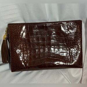 COSCI Brown Leather Croc Clutch Bag with Tassel